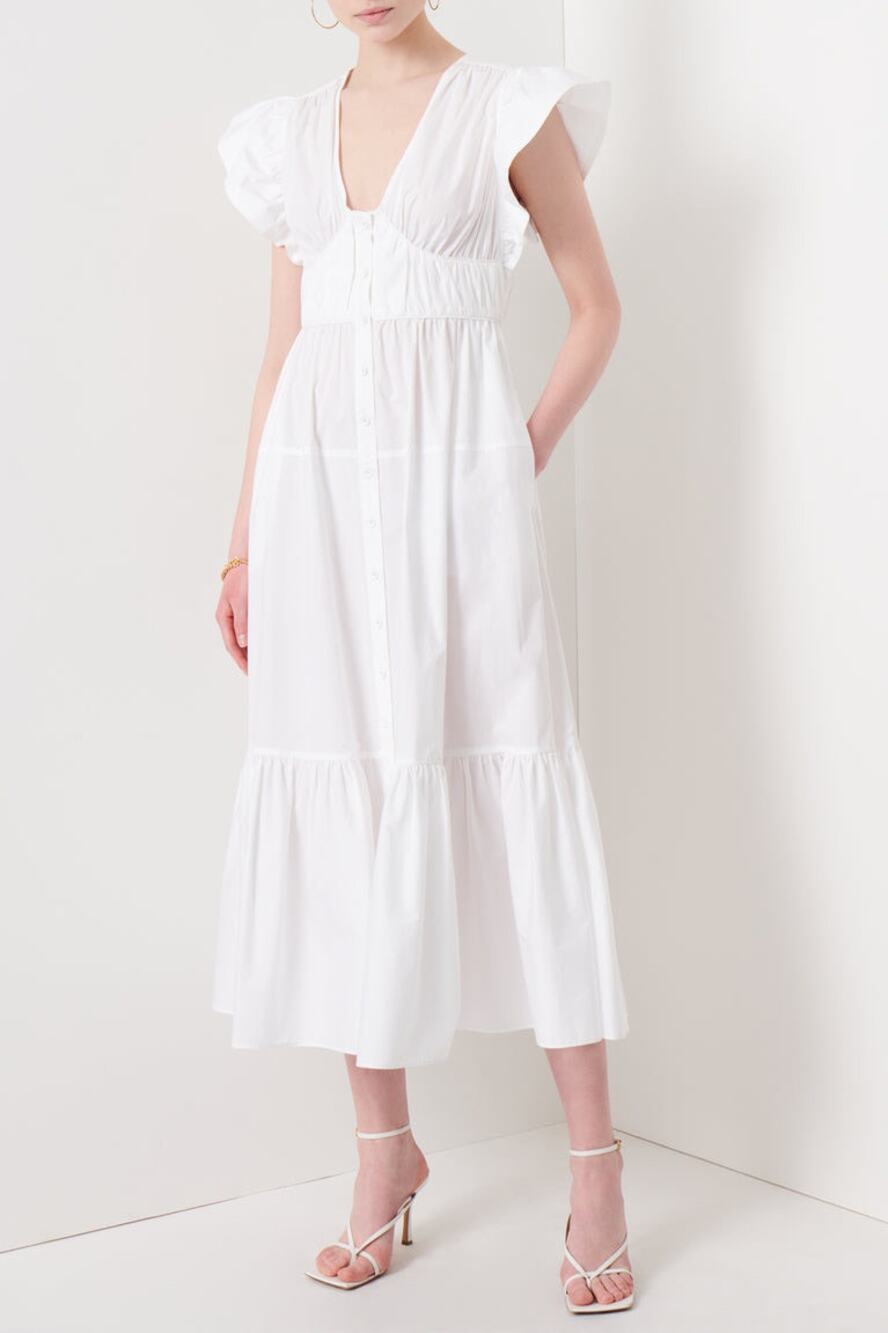 Derek Lam 10 Crosby Greta Ruffle Sleeve V-Neck White Poplin Midi Dress Sz 6 New